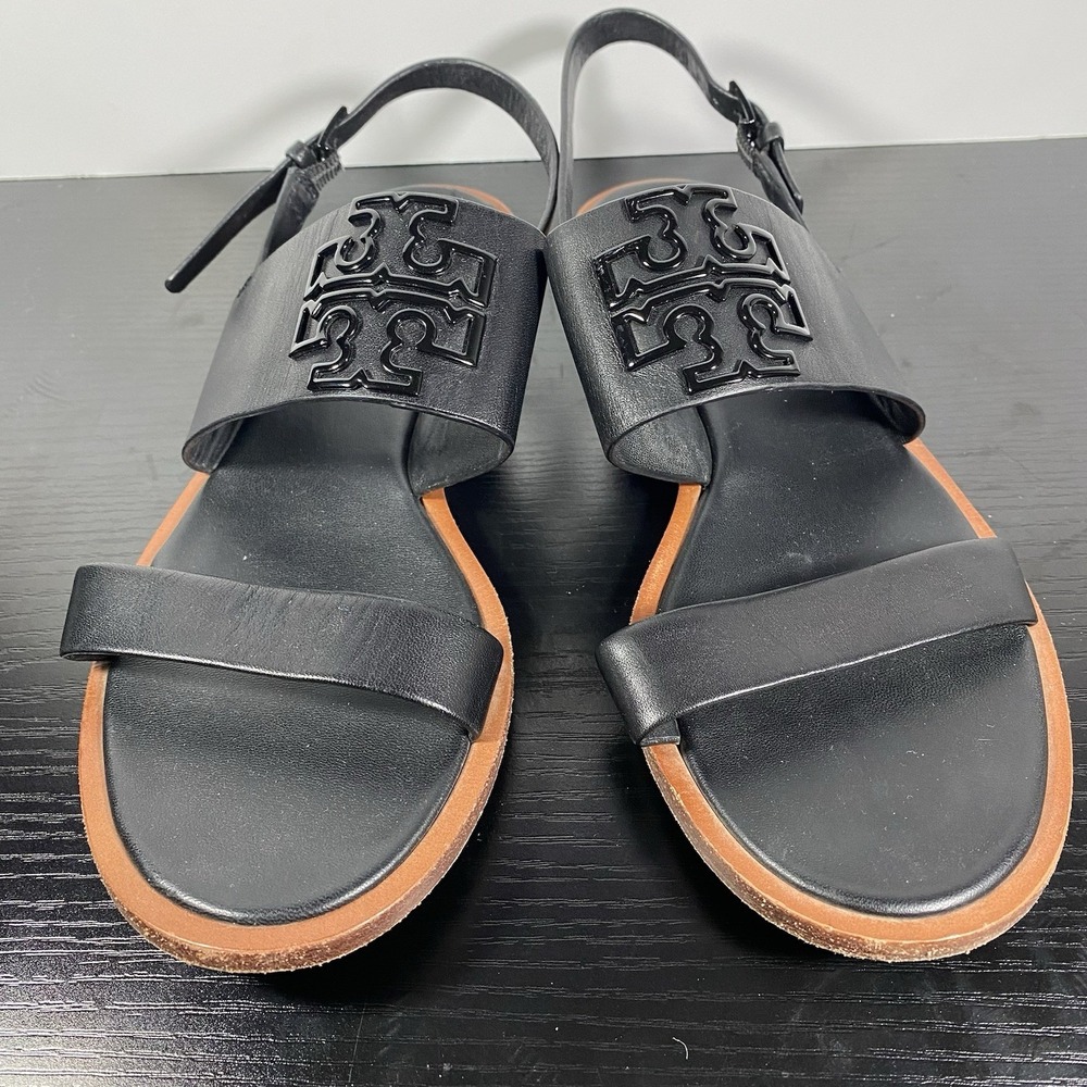 TORY BURCH Melinda Black Logo Strappy Flat Sandal size 7M Womens